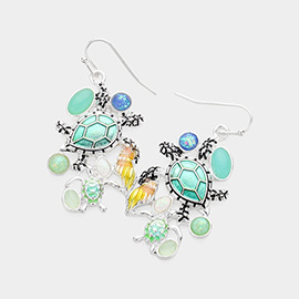 Stone Embellished Enamel Sea Turtle Dangle Earrings