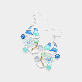 Stone Embellished Enamel Anchor Boat Dangle Earrings