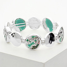 Sea Turtle Embossed Metal Disc Link Stretch Bracelet