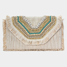 Puka Shell Embroidered Aztec Fringe Detail Jute Clutch Bag