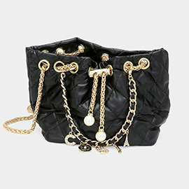 Enamel Charm Chain Pointed Faux Leather Pearl Pointed Chain Mini Bucket Bag