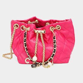 Enamel Charm Chain Pointed Faux Leather Pearl Pointed Chain Mini Bucket Bag