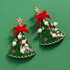 Glittered Enamel Christmas Tree Dangle Earrings