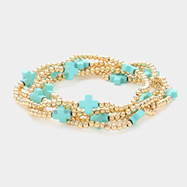 5PCS - Cross Pointed Metal Ball Beaded Stretch Multi Layered Bracelets