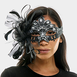 Teardrop Stone Embellished Flower Feather Fairy Lace Masquerade Mask