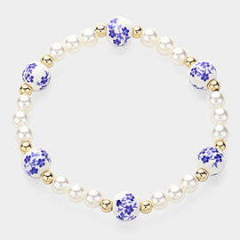 Floral Printed Ceramic Pointed Pearl Stretch Bracelet