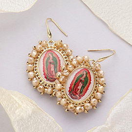 Virgin Mary Cross Printed Faceted Bead Cluster Dangle Earrings