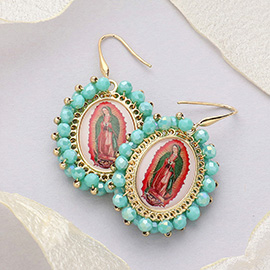 Virgin Mary Cross Printed Faceted Bead Cluster Dangle Earrings