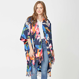 Floral Kimono Poncho with Fringe