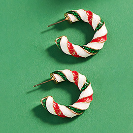 Enamel Christmas Candy Cane Hoop Earrings