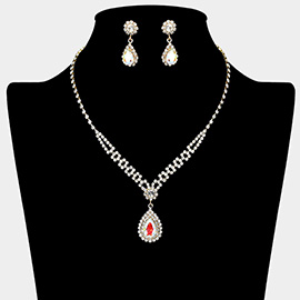 Teardrop CZ Stone Pendant Accented Rhinestone Paved Necklace