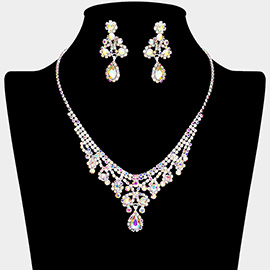 Teardrop Stone Pointed Rhinestone Paved Flower Embellished Necklace