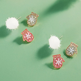 3Pairs - Mitten Pom Pom Stud Earrings