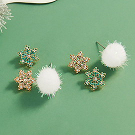 3Pairs - Snowflake Pom Pom Stud Earrings