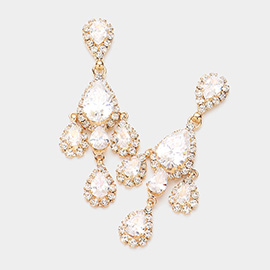 Teardrop CZ Stone Accented Chandelier Evening Dangle Earrings