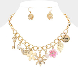 Key Pearl Butterfly Flower Leaf Charm Embellished Necklace