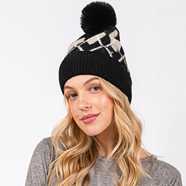 Wool Blended Argyle Fleece Pom Pom Beanie Hat