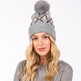 Wool Blended Argyle Fleece Pom Pom Beanie Hat