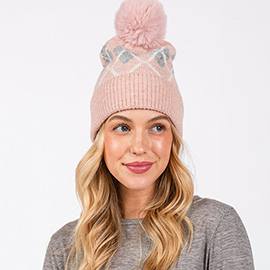 Wool Blended Argyle Fleece Pom Pom Beanie Hat