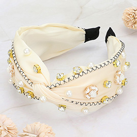 Pearl Stone Cluster Flower Embellished Knot Headband