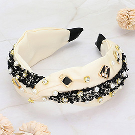 Pearl Stone Cluster Enamel Cloth Bag Perfume Charm Embellished Tweed Mix Two Tone Knot Headband