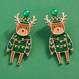 Enamel Rudolph in Christmas Light Sweater Dangle Earrings