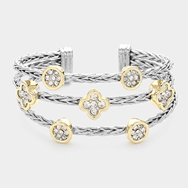 Stone Paved Quatrefoil Round Bezel Pointed Split Cuff Bracelet