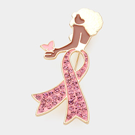 Stone Paved Pink Ribbon Enamel Afro Woman Pin Brooch