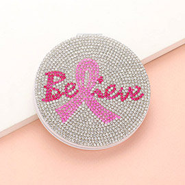 Bling Studded Pink Ribbon Believe Message Compact Mirror