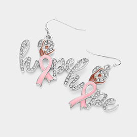 Enamel Pink Ribbon Stone Paved HOPE Message Dangle Earrings