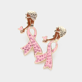 Stone Paved Pink Ribbon Enamel Afro Woman Earrings