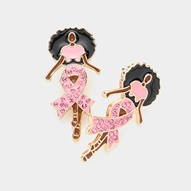 Stone Paved Pink Ribbon Enamel   Afro Woman Earrings