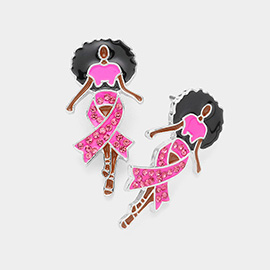 Stone Paved Pink Ribbon Enale Afro Woman Earrings