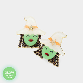 Glow In The Dark Rhinestone Fringe Resin Halloween Witch Earrings