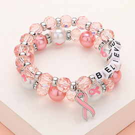 2PCS - BELIEVE Message Pointed Pink Ribbon Charm Faceted Beaded Stretch Double Layered Bracelets