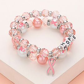 2PCS - HOPE Message Pointed Pink Ribbon Charm Faceted Beaded Stretch Double Layered Bracelets