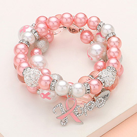 3PCS - Stone Paved Pink Ribbon HOPE Message Charm Shamballa Ball Pointed Pearl Beaded Stretch Multi Layered Bracelets