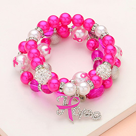 3PCS - Stone Paved Pink Ribbon HOPE Message Charm Chamballa Ball Pointed Pearl Beaded Stretch Multi Layered Bracelets