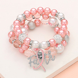 3PCS - Stone Paved Pink Ribbon FAITH Message Charm Shamballa Ball Pointed Pearl Beaded Stretch Multi Layered Bracelets