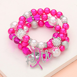 3PCS - Stone Paved Pink Ribbon FAITH Message Charm Shamballa Ball Pointed Pearl Beaded Stretch Multi Layered Bracelets