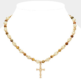 Semi Precious Stone Beaded Metal Cross Pendant Necklace