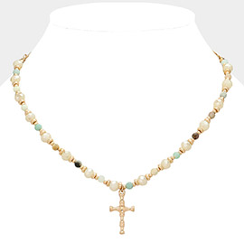 Semi Precious Stone Beaded Metal Cross Pendant Necklace