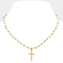 Semi Precious Stone Beaded Metal Cross Pendant Necklace