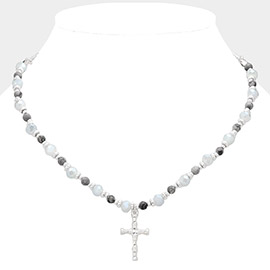 Semi Precious Stone Beaded Metal Cross Pendant Necklace