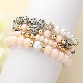 4PCS - Pearl Shamballa Ball Pointeed Beaded Stretch Multi Layered Bracelets