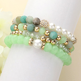 4PCS - Pearl Shamballa Ball Pointeed Beaded Stretch Multi Layered Bracelets