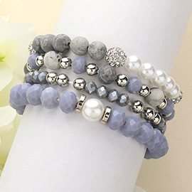 4PCS - Pearl Shamballa Ball Pointeed Beaded Stretch Multi Layered Bracelets