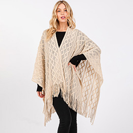 Diamond Pattern Tassel Knit Ruana Poncho