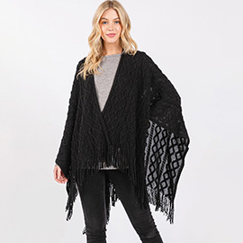 Diamond Pattern Tassel Knit Ruana Poncho