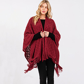 Diamond Pattern Tassel Knit Ruana Poncho